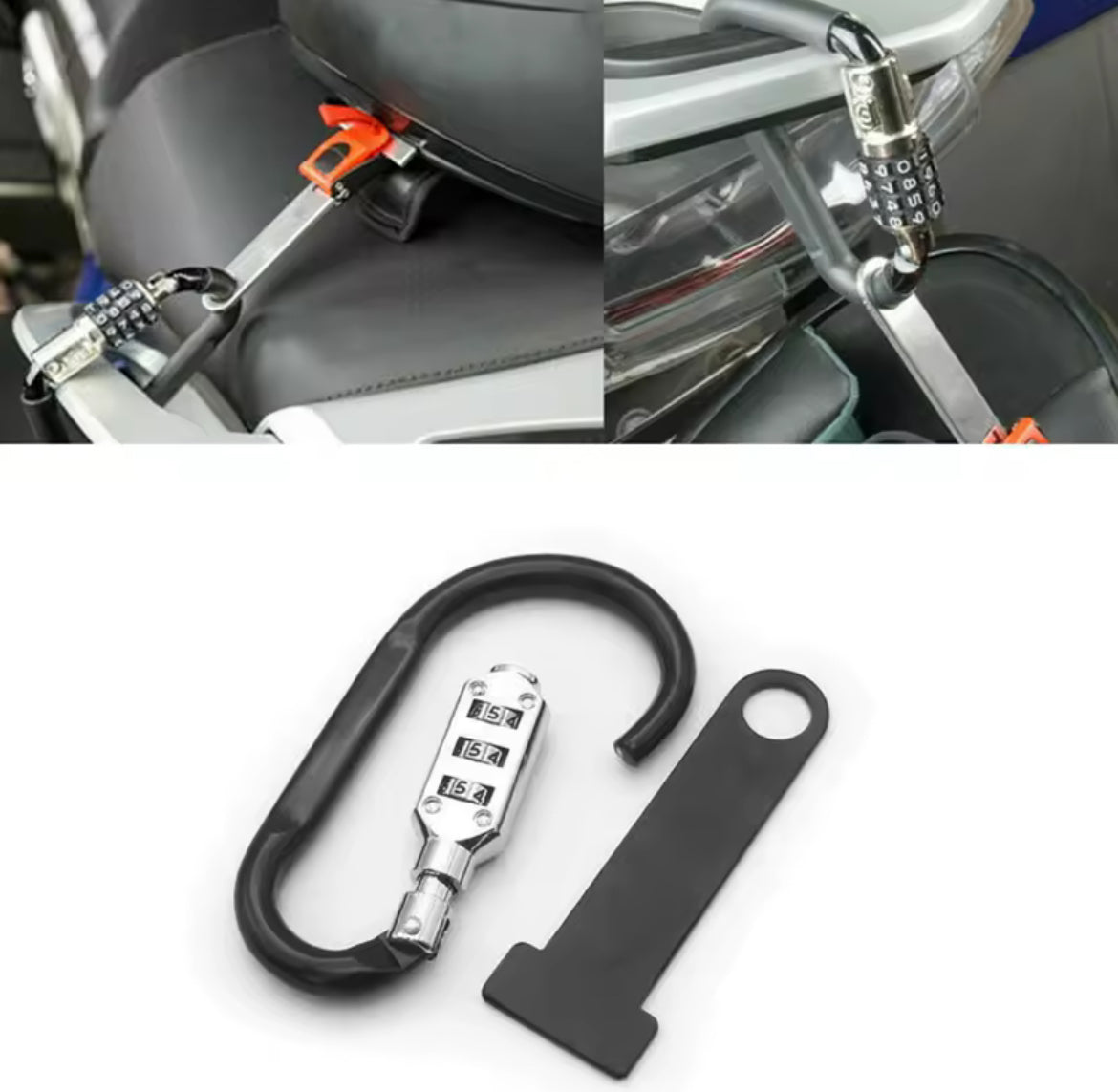 Helm Lock / T-Bar stuk voor scooter en motor – Inclusief karabijnhaak met cijfercode